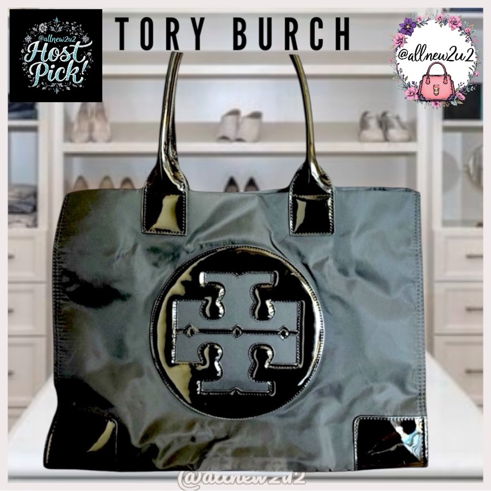 Tory Burch Large Black Ella Patent Leather/Nylon Tote